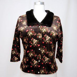 1990's brown floral cardigan Sz L, faux fur collar